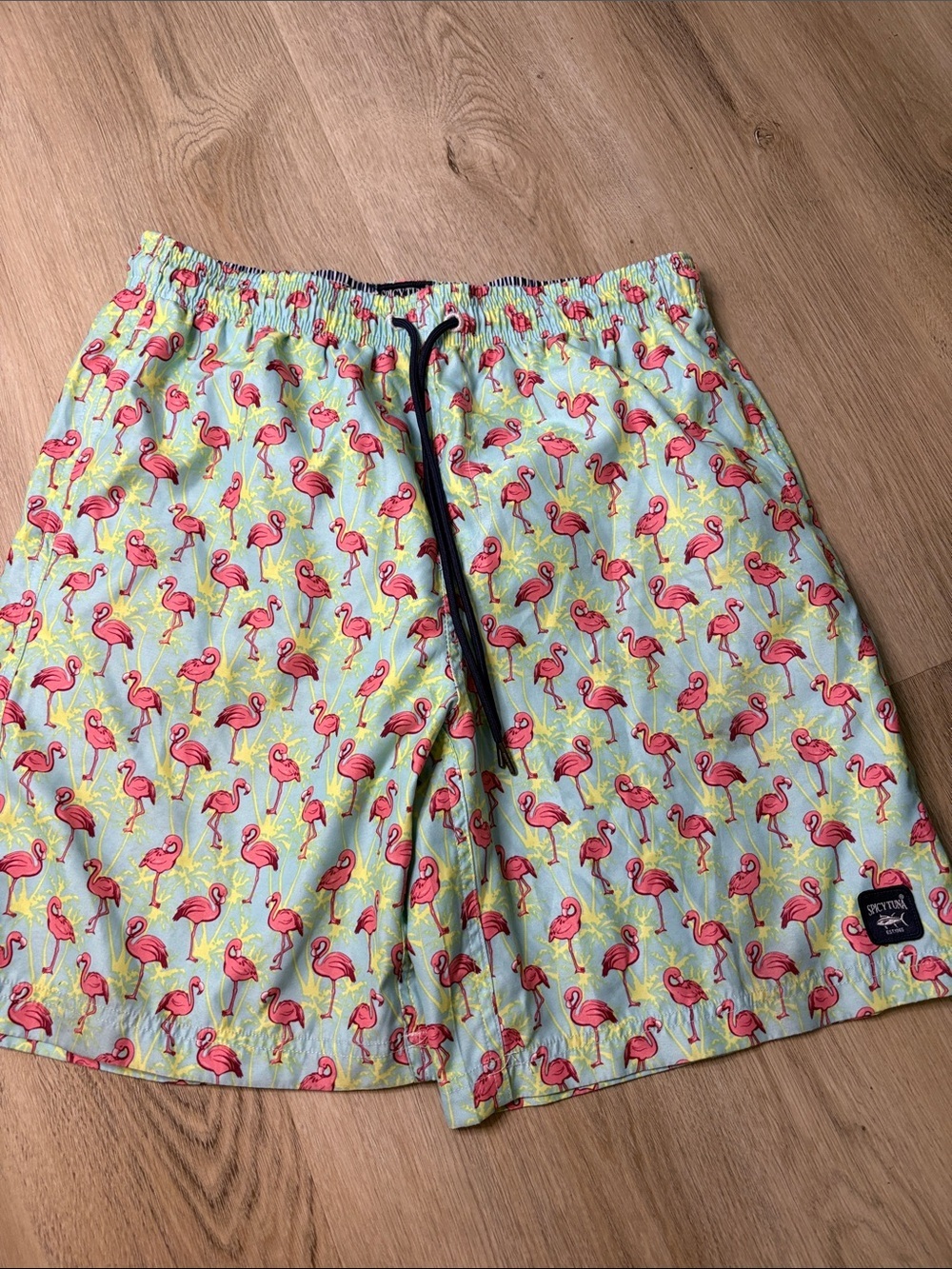 Spicy Tuna Blue Flamingo Print Swim Trunks Medium summer beach vacation novelty